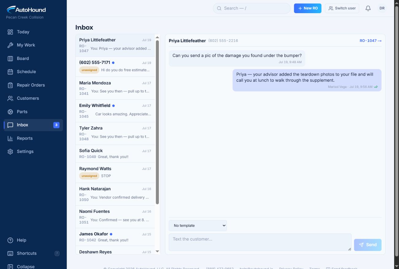 AutoHound customer inbox showing a two-way repair update thread attached to a repair order.