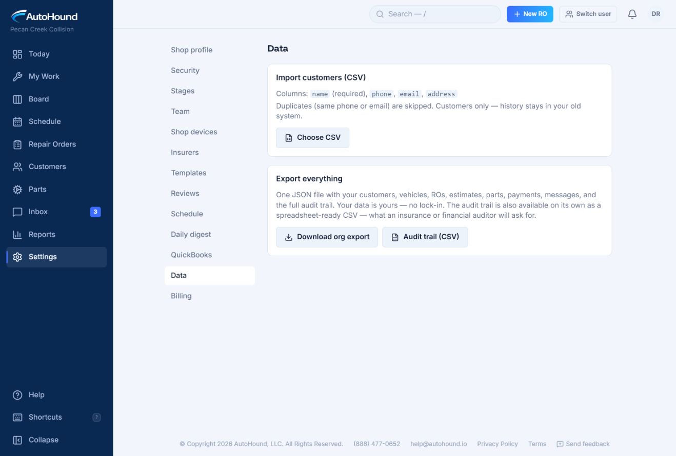 AutoHound Data settings showing the full organization export and separate audit-trail CSV download.
