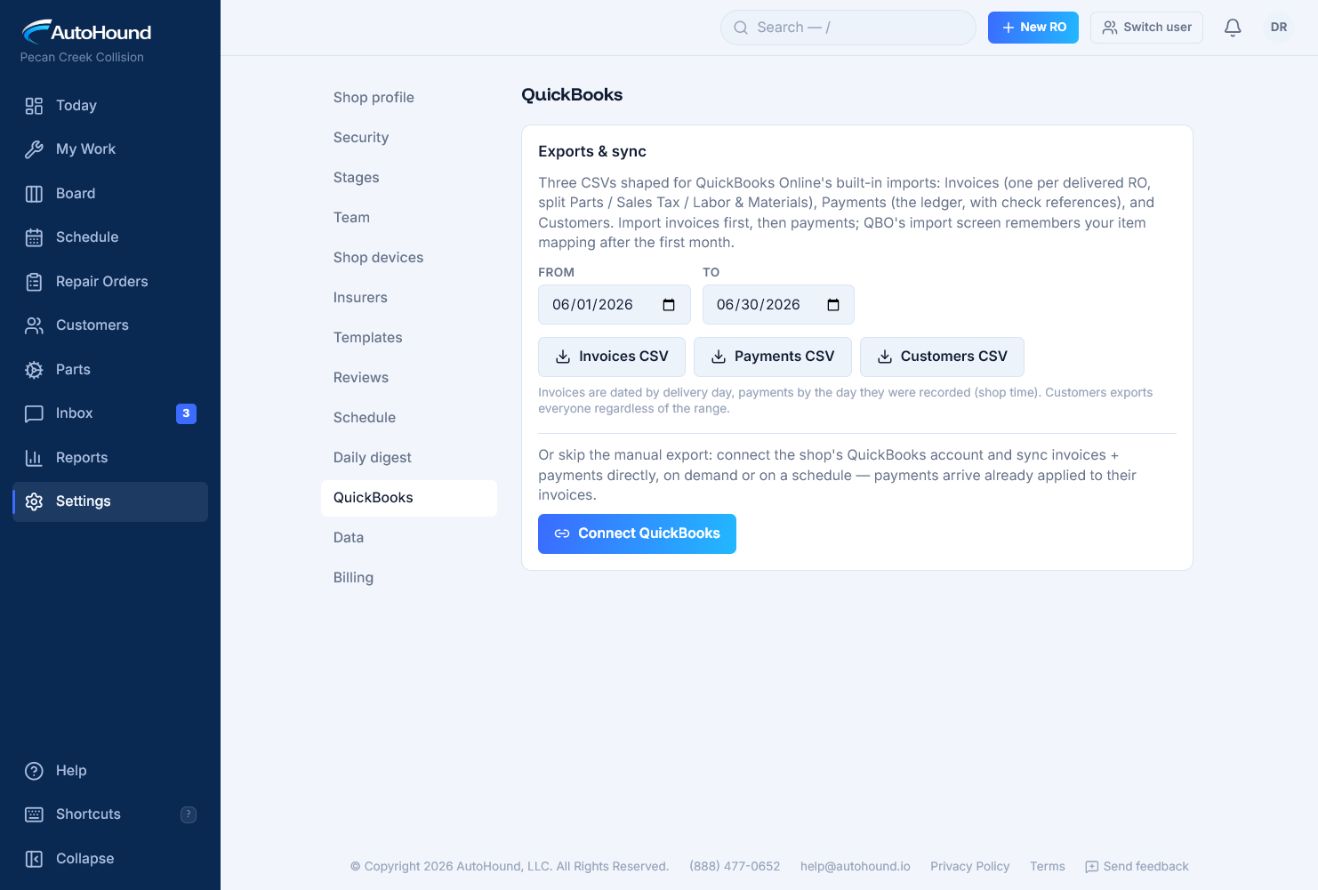 AutoHound QuickBooks settings with invoice, payment, and customer exports plus direct QuickBooks connection.