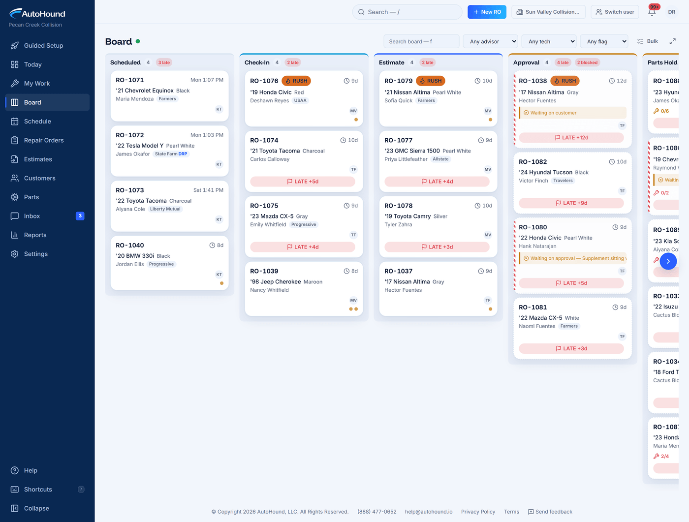 AutoHound production board showing repair orders by stage, blocker, and promise-date risk