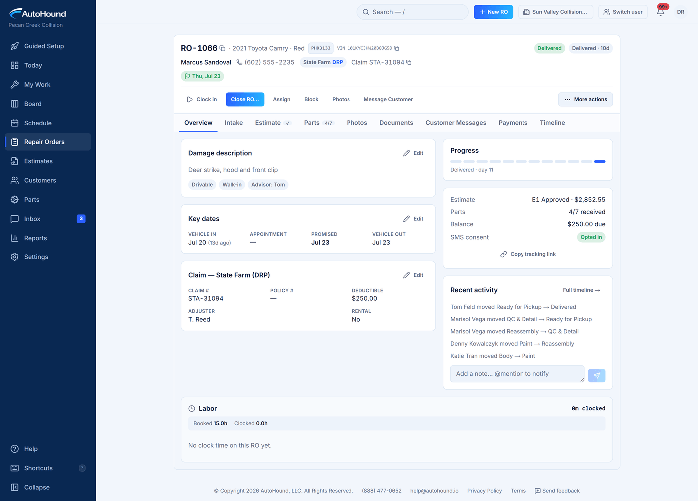 AutoHound repair-order overview with claim details, key dates, progress, parts, balance, and recent activity