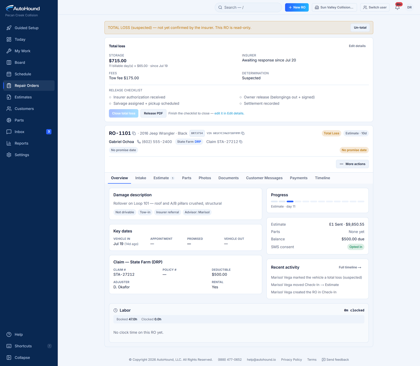 AutoHound total-loss workflow with accruing storage, fees, insurer follow-up, and release checklist