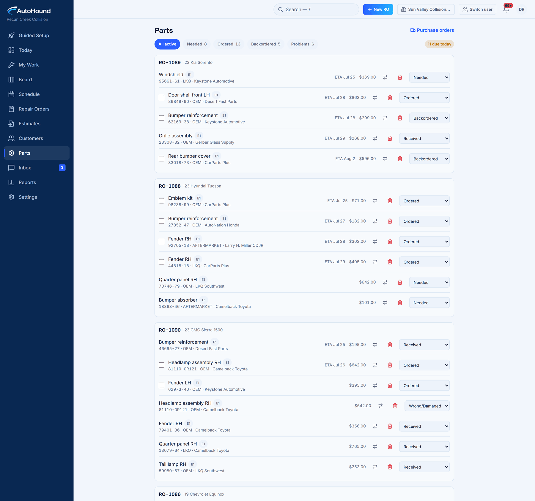 AutoHound parts queue showing parts by repair order with vendor, ETA, price, and receiving status