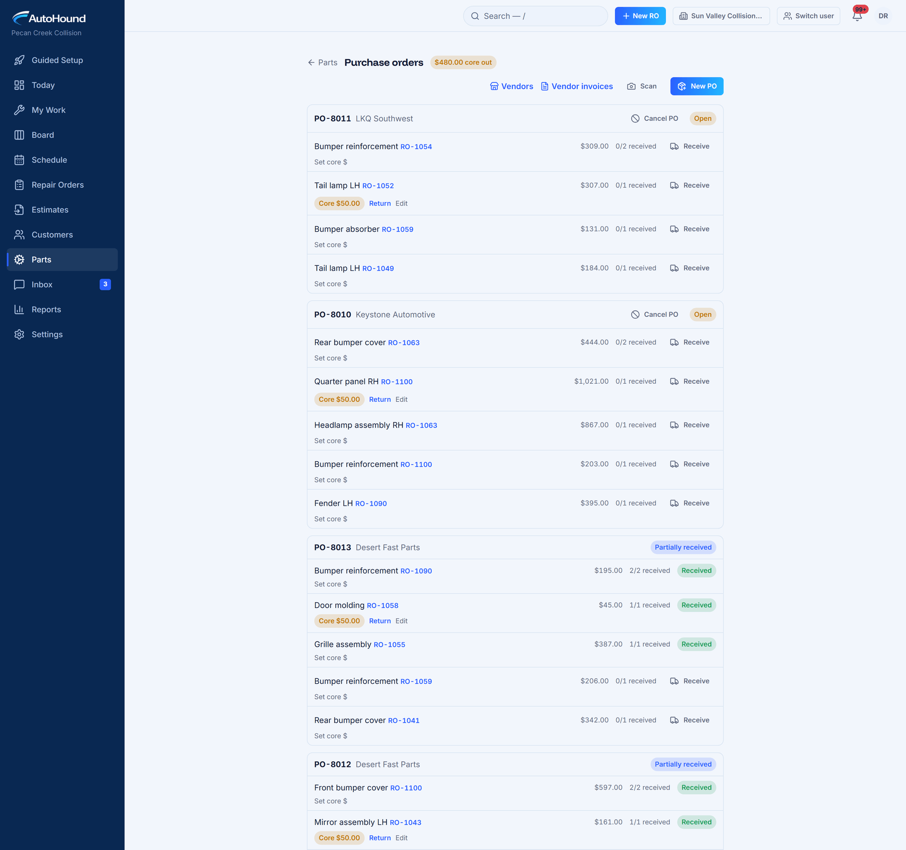 AutoHound purchase orders showing partial receipts and core deposits that still need to be returned