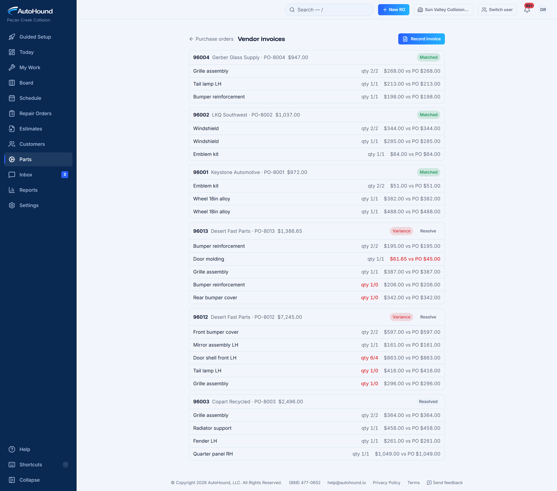 AutoHound vendor invoices compared with purchase-order prices and received quantities, with exceptions highlighted