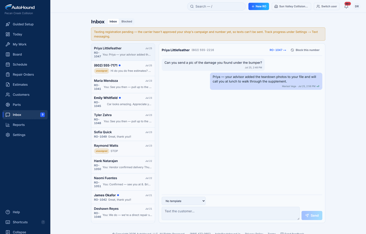 AutoHound customer messaging inbox with a repair update thread
