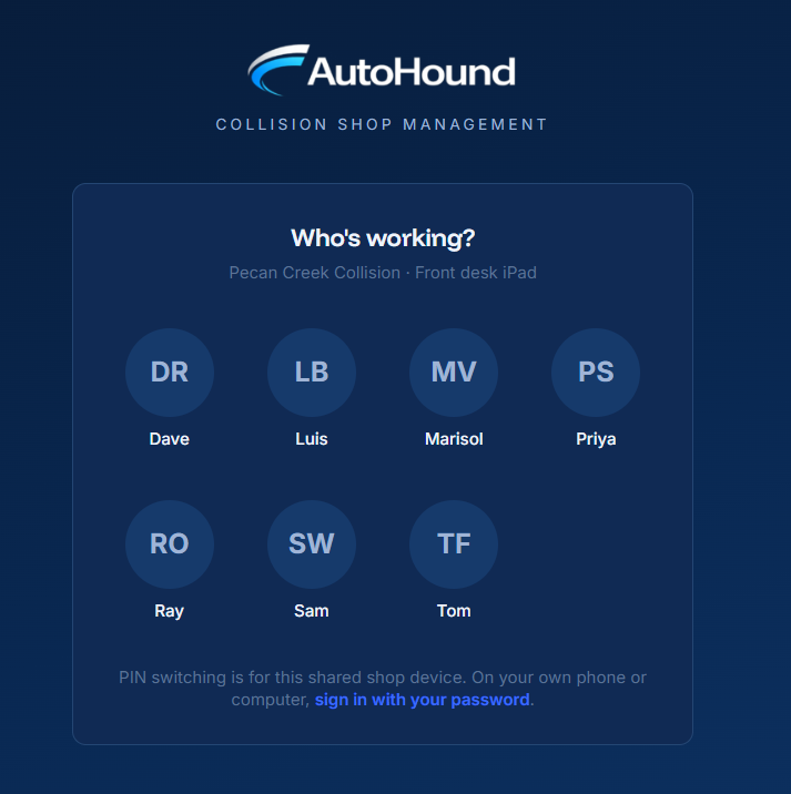 AutoHound shared-device user picker showing shop teammates who can switch in with a personal PIN.