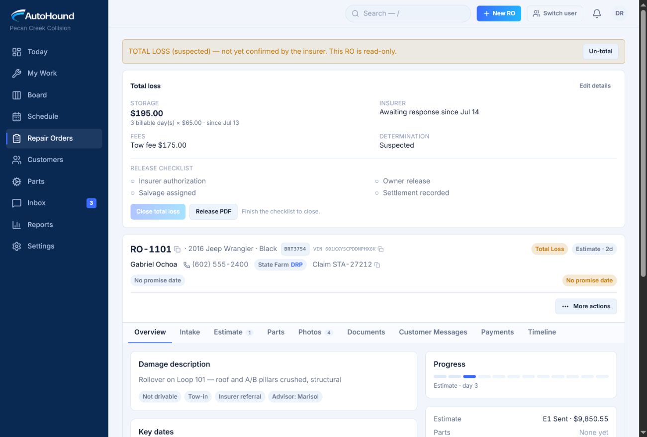 AutoHound total-loss repair order showing accrued storage fees, insurer status, and the release checklist.
