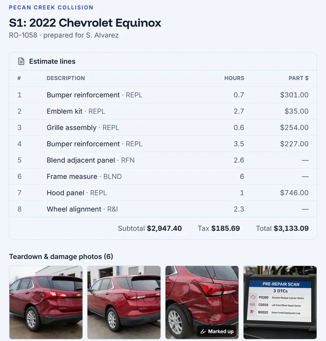 AutoHound adjuster portal with supplement lines, hours, parts costs, totals, and damage and repair photos