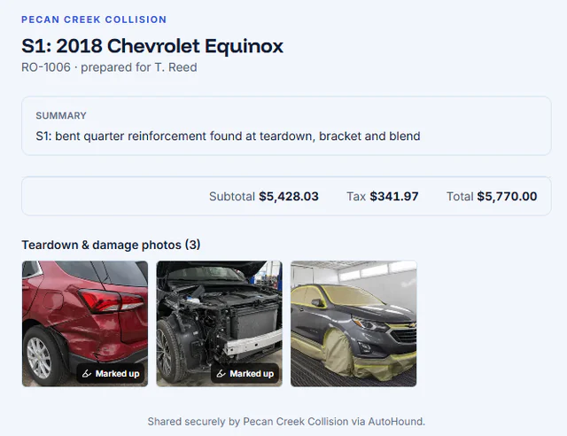 Secure adjuster approval page with supplement summary, totals, and marked-up damage photos