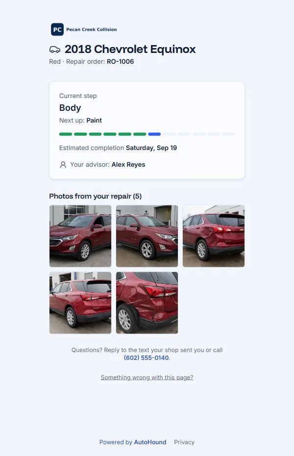 Customer repair status page with ready for pickup status, balance due, payment button, and selected repair photos