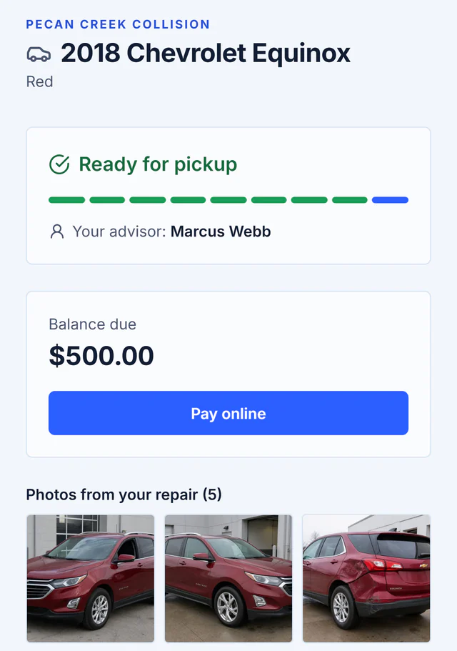 Customer repair status page with ready for pickup status, balance due, payment button, and selected repair photos