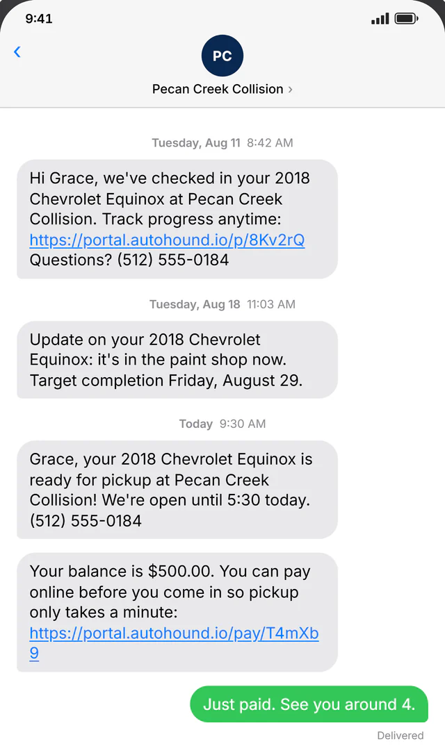 English text thread showing check-in, progress, pickup, and payment messages
