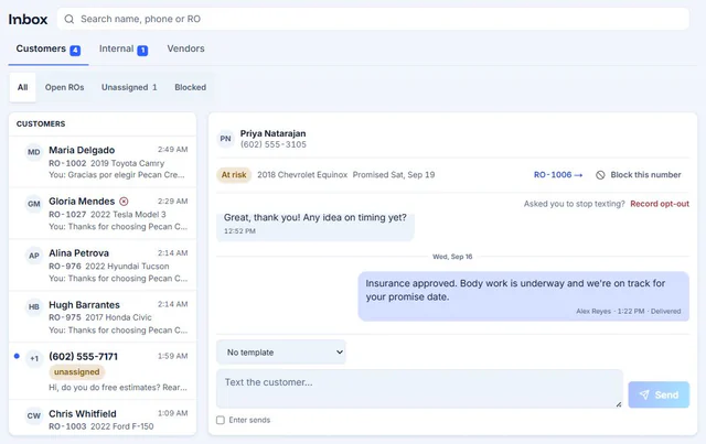 AutoHound shared inbox with an English customer conversation tied to a repair order