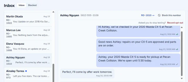 AutoHound shared inbox with an English customer conversation tied to a repair order