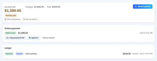 AutoHound payment ledger showing the repair balance, charges, payments, refunds, and receipt history