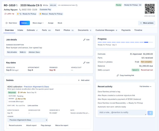 AutoHound repair-order overview with vehicle details, assignments, promise date, progress, estimate, parts, and balance