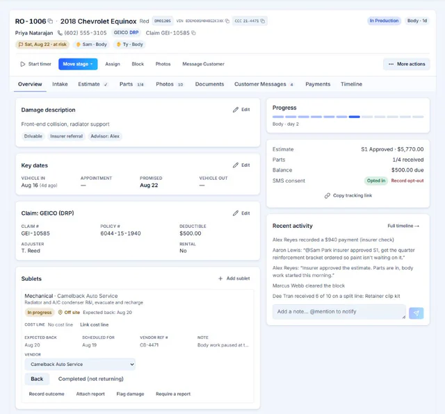 AutoHound repair order overview with customer, vehicle, claim, promise, estimate, parts, balance, sublets, and recent activity
