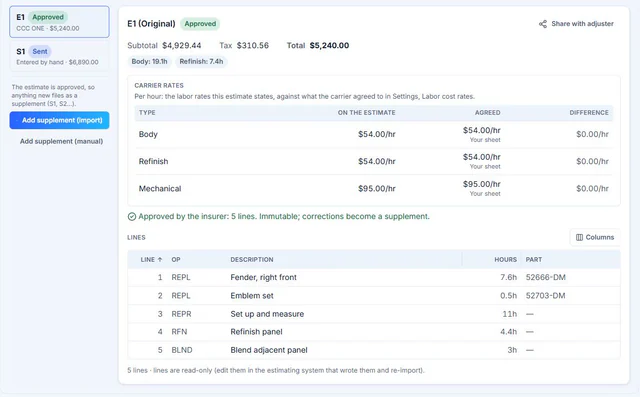 AutoHound repair order estimate tab showing approved estimate and supplement versions
