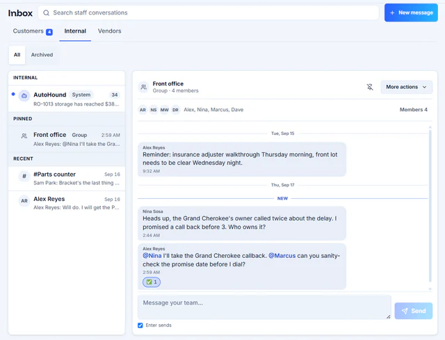 AutoHound internal inbox with a Front office group conversation, @mentions, a reaction, and pinned conversations