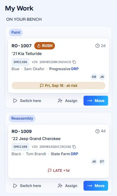 Technician phone view of My Work showing rush, late, at-risk, timer, assignment, and stage move controls