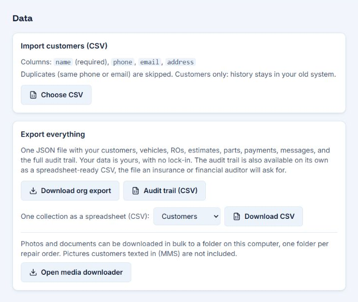 AutoHound data export controls for shop records and audit history