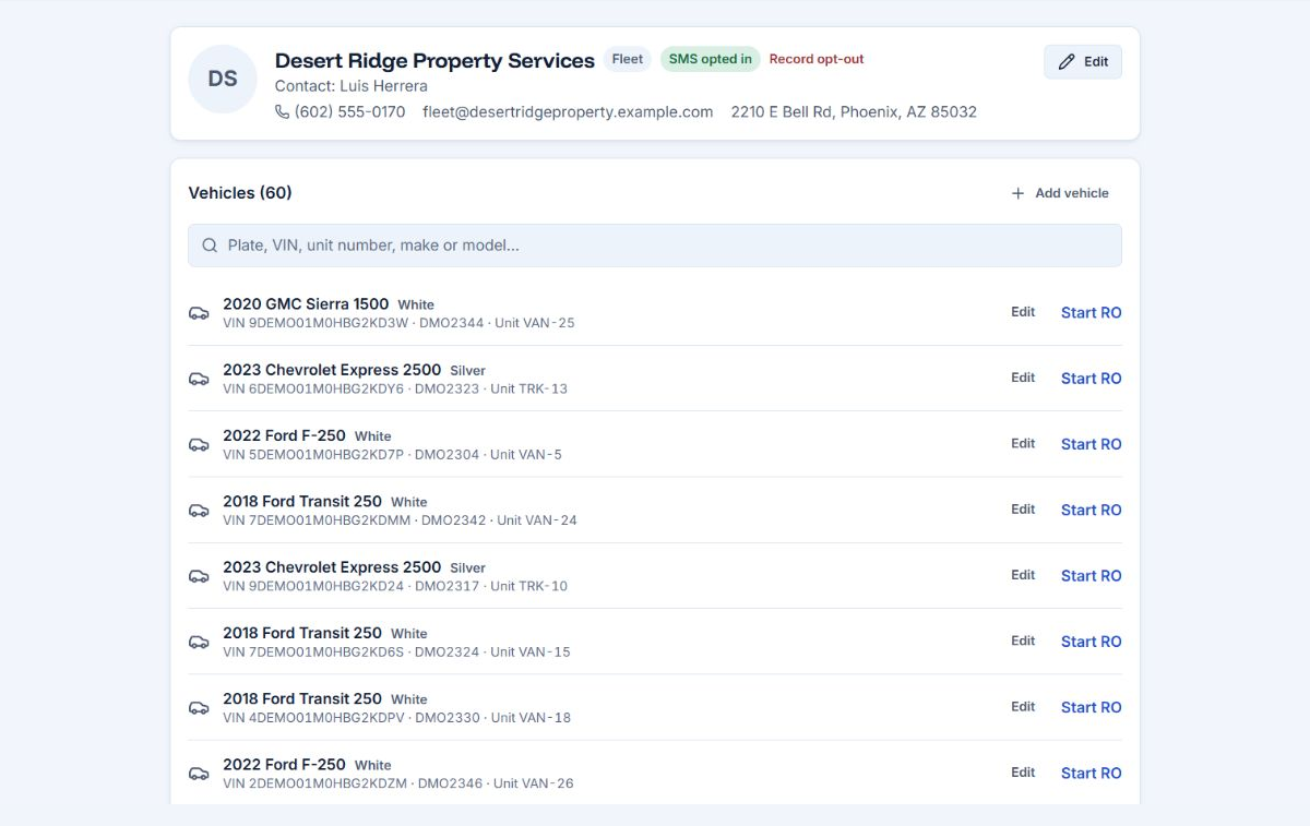 AutoHound fleet customer record with searchable vehicles and unit numbers