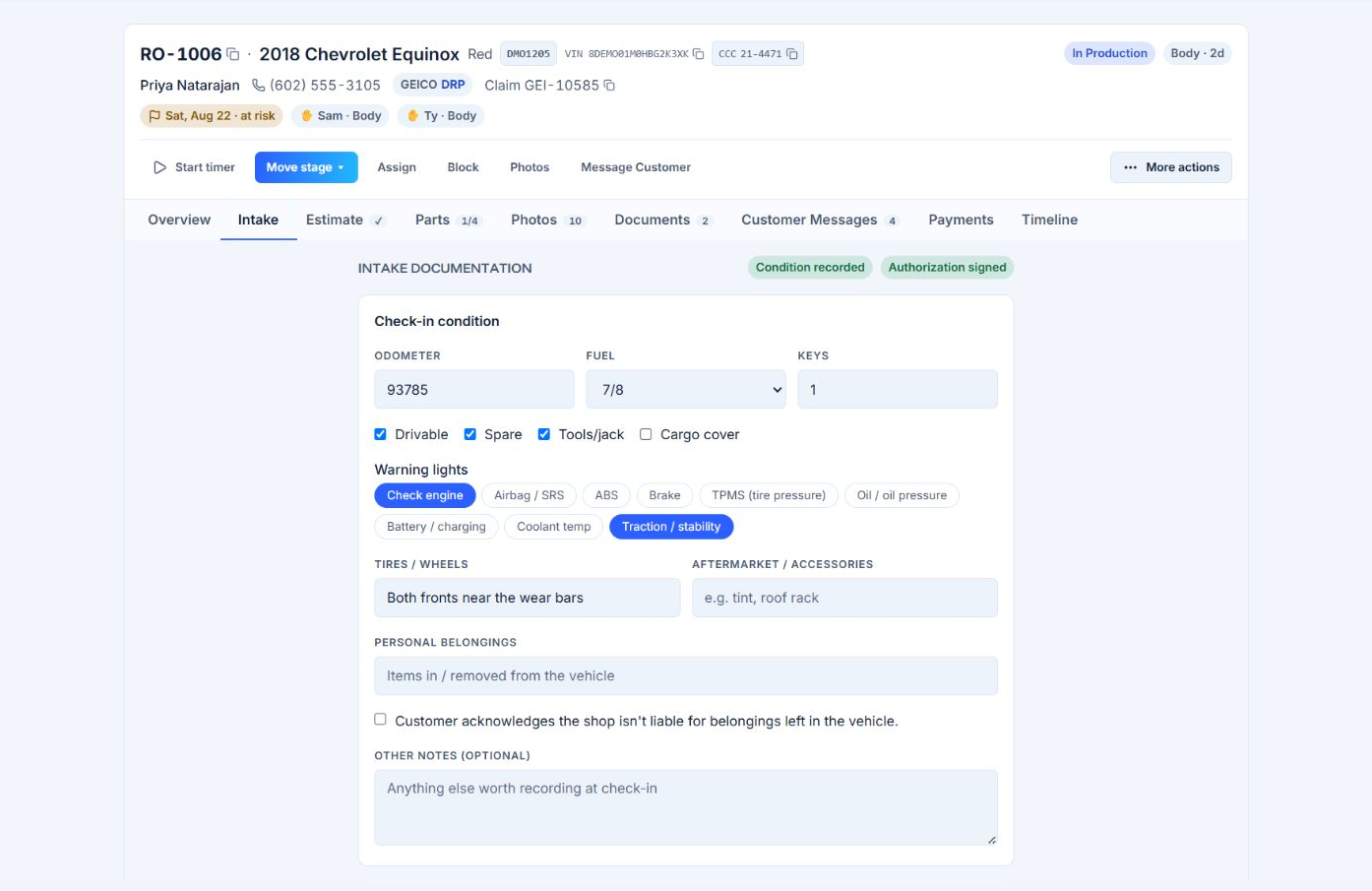 AutoHound check-in with vehicle condition, authorization, and damage markers