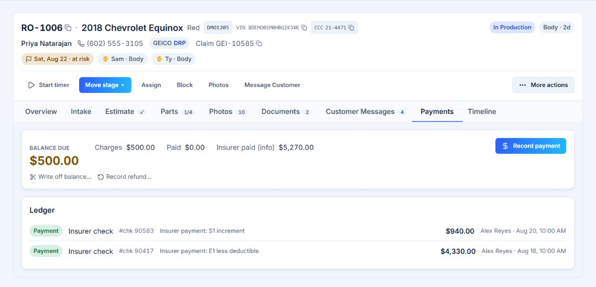 AutoHound repair-order payment ledger with payer, balance, and receipt details