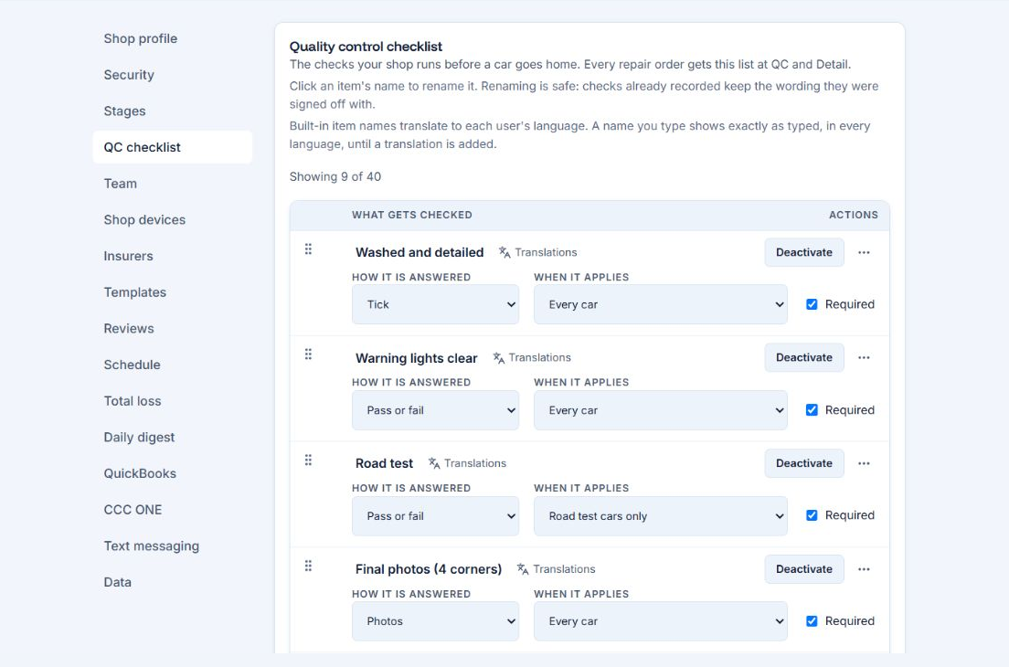 AutoHound quality-control settings with required checks by repair stage