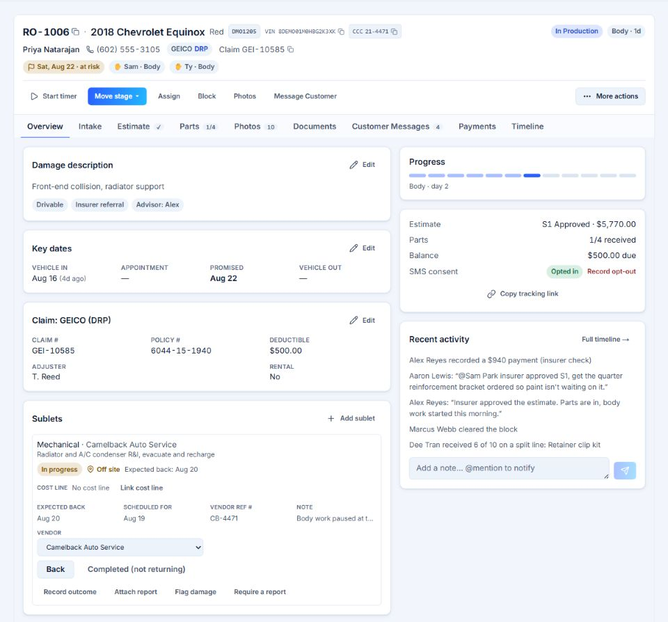 AutoHound repair-order overview with claim facts, promise risk, estimate, parts, balance, labor, and recent activity