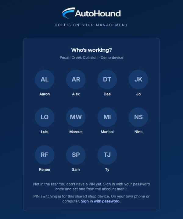 AutoHound shared-device PIN switching screen with named users
