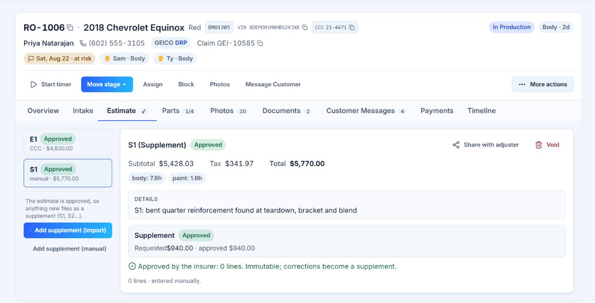 AutoHound estimate tab showing approved estimate and supplement versions