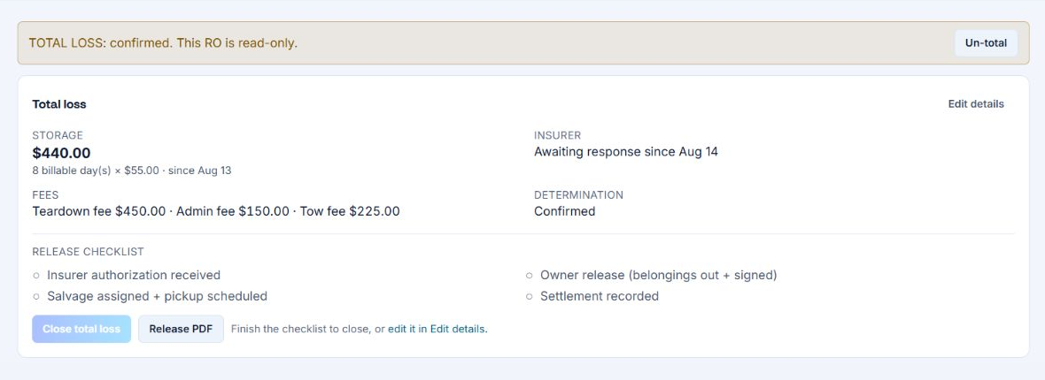 AutoHound total-loss record showing storage charges, fees, insurer follow-up, and release requirements
