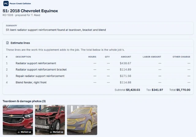 AutoHound adjuster portal with supplement lines, hours, parts costs, totals, and damage and repair photos