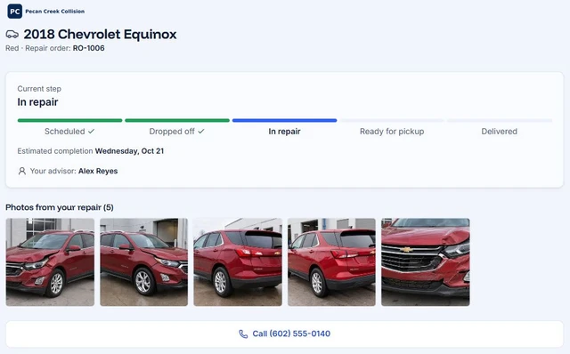 AutoHound customer status page showing an in-repair stage, estimated completion date, advisor, and shared repair photos