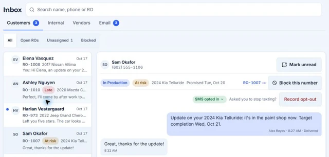 AutoHound shared inbox with an English customer conversation tied to a repair order
