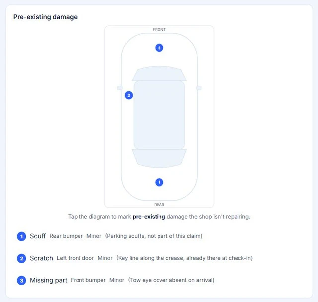 AutoHound check-in damage diagram with numbered pre-existing scuff, scratch, and missing-part records