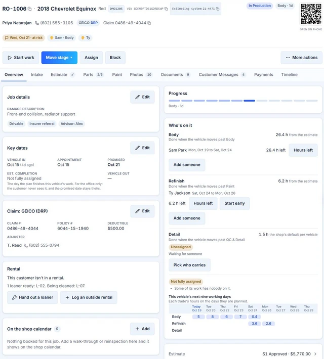 AutoHound repair-order overview with vehicle details, assignments, promise date, progress, estimate, parts, and balance