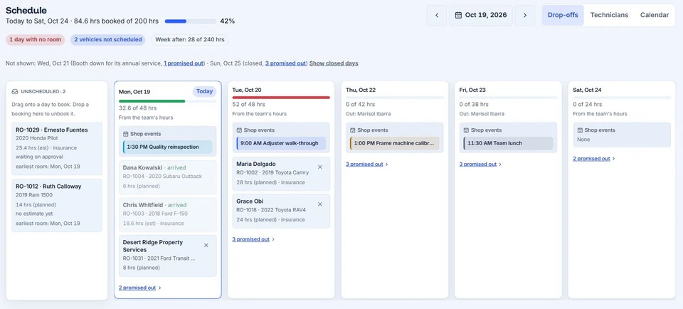 Drop-off schedule showing unscheduled repairs, booked hours, shop events, and closed-day notes
