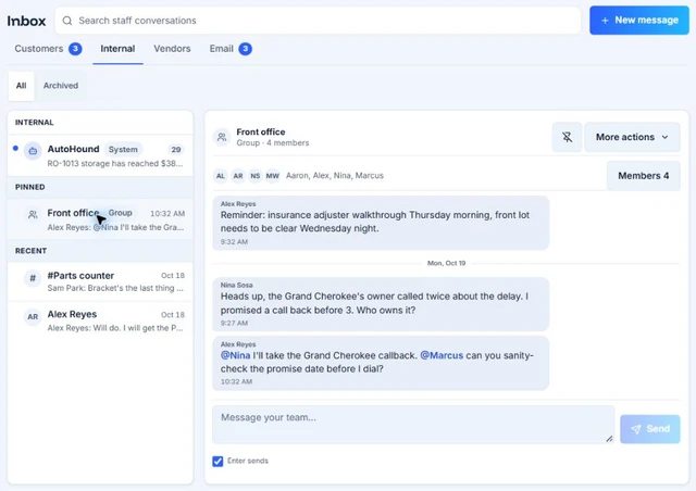 AutoHound internal inbox with a Front office group conversation, @mentions, a reaction, and pinned conversations