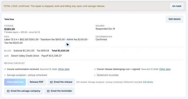 AutoHound total loss record with storage, fees, insurer status, determination, and release checklist