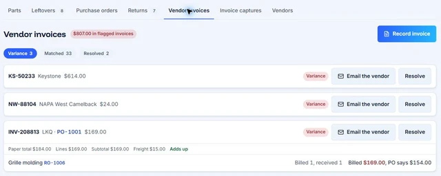 AutoHound vendor invoice variance queue showing flagged invoices linked to purchase orders and a repair order, including a line-item price mismatch to resolve