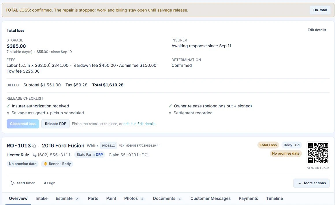 AutoHound total loss record with storage, fees, insurer status, determination, and release checklist