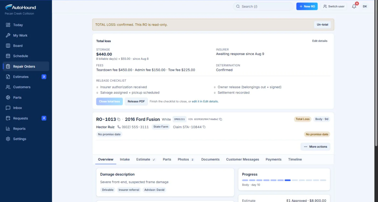 AutoHound total loss record with storage, fees, insurer status, determination, and release checklist